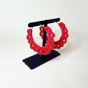 Handmade Large Lace Hoop Earrings Cotton Coral Yarn On Gold Tone